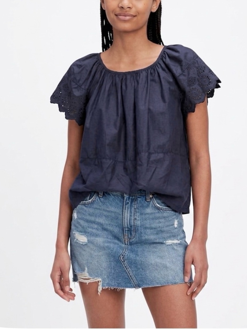 H&M Navy Blue Eyelet Sleeve Boat Neck Top Casual Summer Size Large